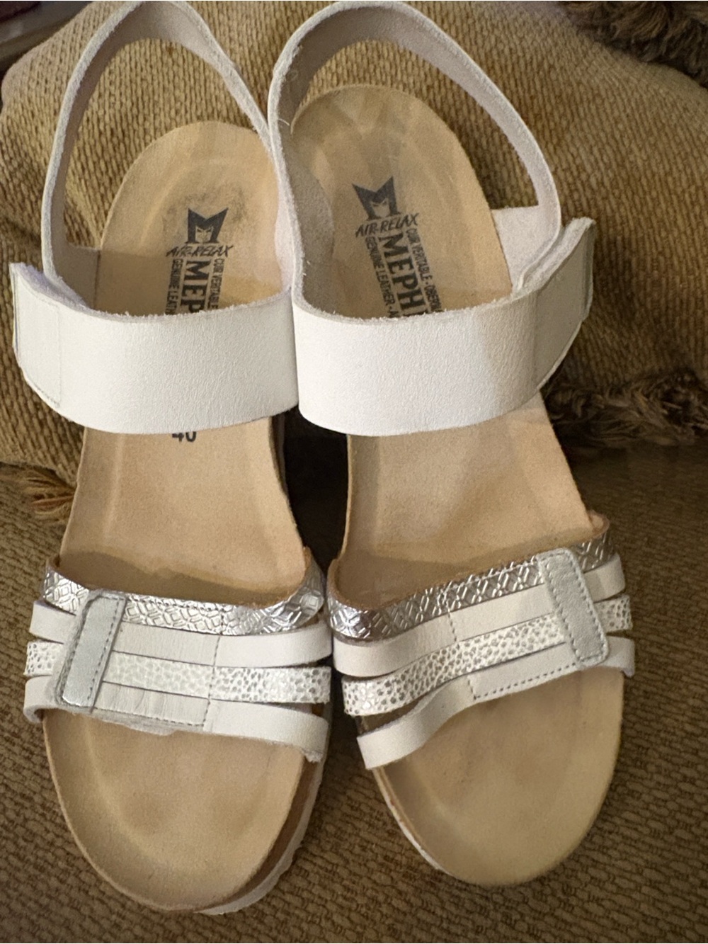 Mephisto White and Silver Leather Slingback Sandals org.298